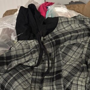 No Boundaries Green Plaid Shirt with Black Hood